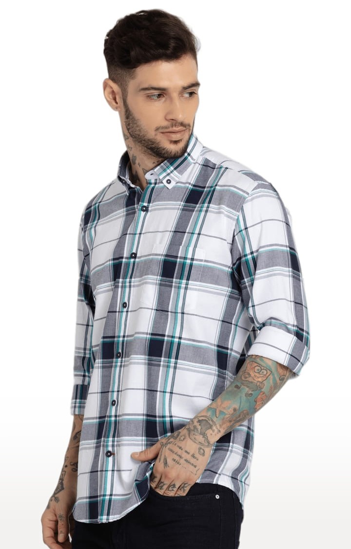 Men's White Cotton Checked Casual Shirts