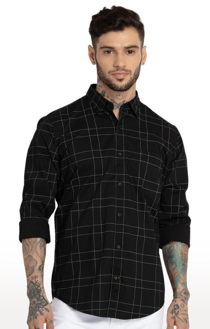 Men's Black Cotton Checked Casual Shirts