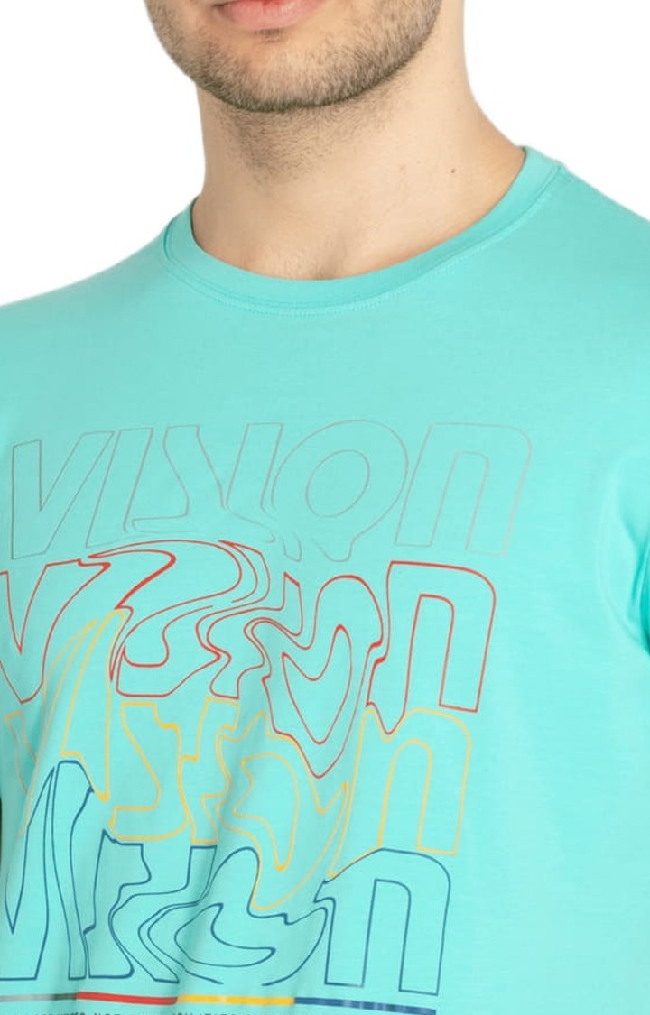 Men's Blue Cotton Typographic Printed Regular T-Shirt