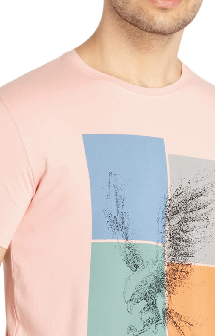 Men's Pink Cotton Printeded Regular T-Shirt