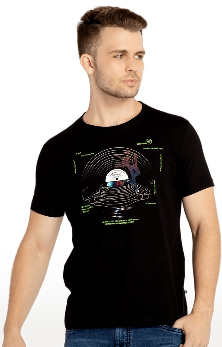 Men's Black Cotton Printeded Regular T-Shirt