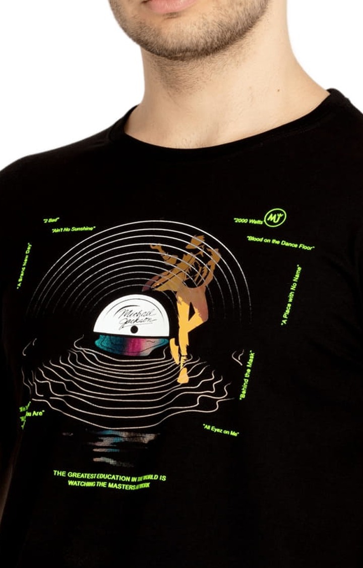 Men's Black Cotton Printeded Regular T-Shirt