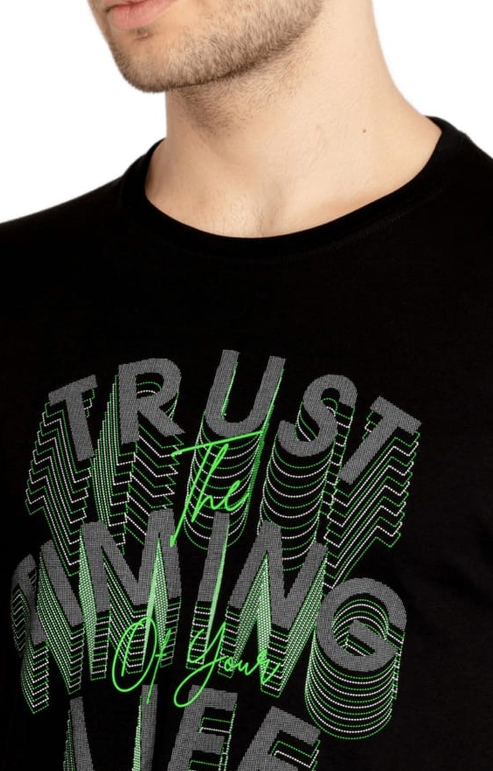 Men's Black Cotton Typographic Printed Regular T-Shirt