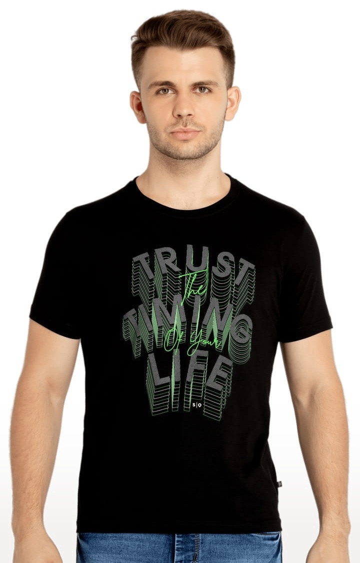 Men's Black Cotton Typographic Printed Regular T-Shirt