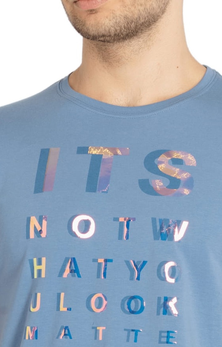 Men's Blue Cotton Typographic Printed Regular T-Shirt