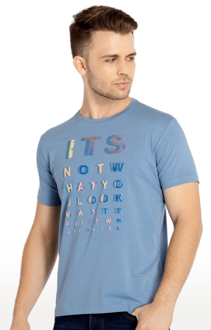 Men's Blue Cotton Typographic Printed Regular T-Shirt