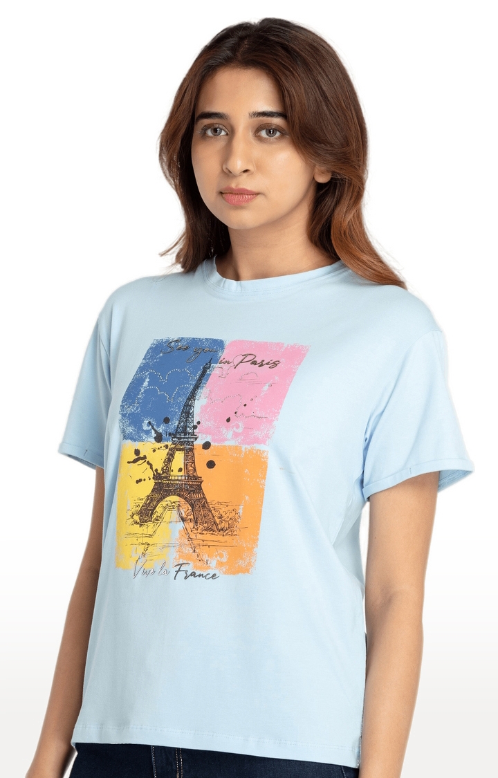 Status Quo | Women's Blue Cotton Printeded Regular T-Shirt 2