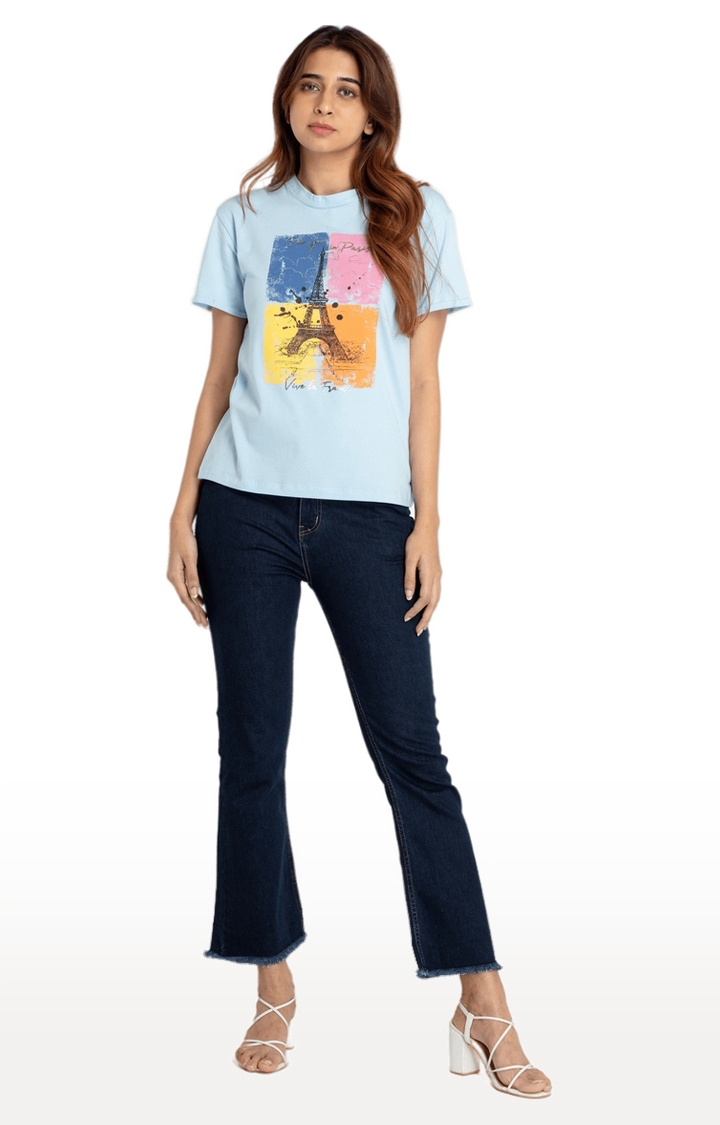 Status Quo | Women's Blue Cotton Printeded Regular T-Shirt 1