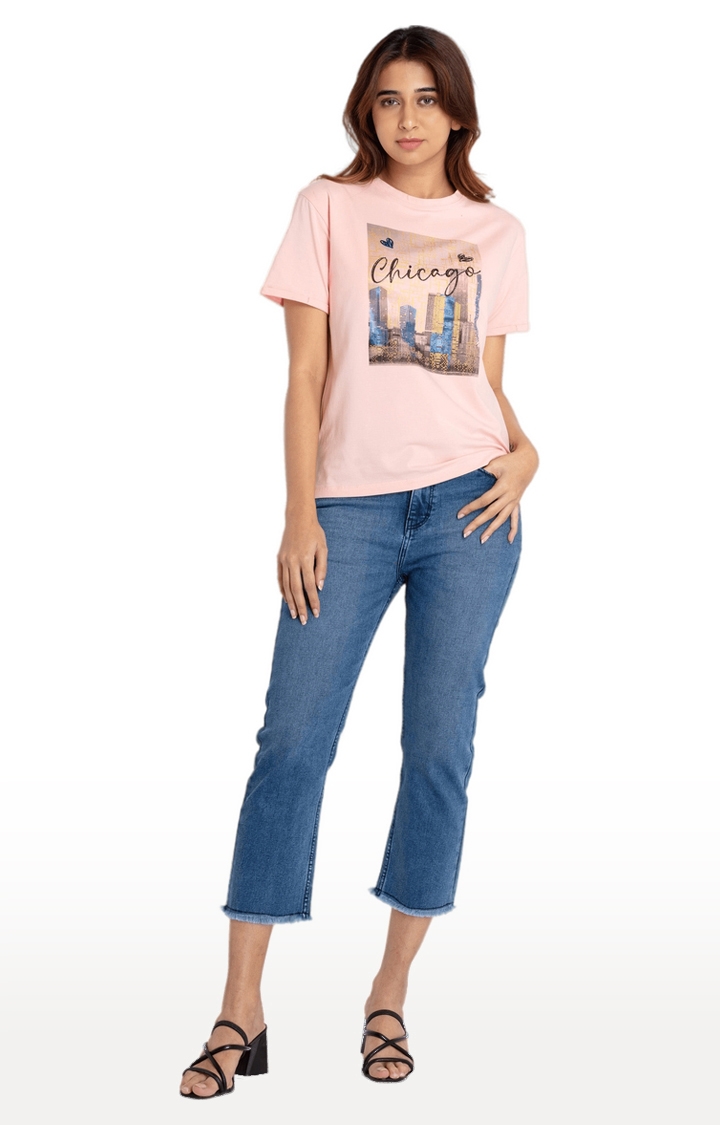 Status Quo | Women's Pink Cotton Printeded Regular T-Shirt 1