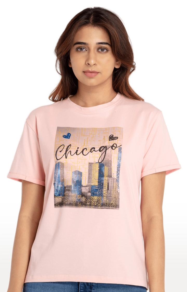 Status Quo | Women's Pink Cotton Printeded Regular T-Shirt 0