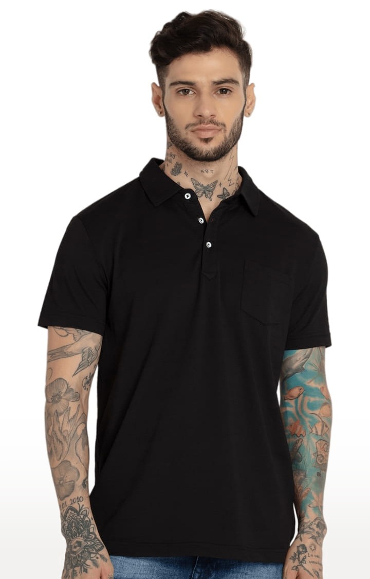 Men's Black Polycotton Solid Polo T-Shirts