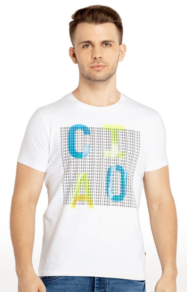 Men's White Cotton Typographic Printed Regular T-Shirt