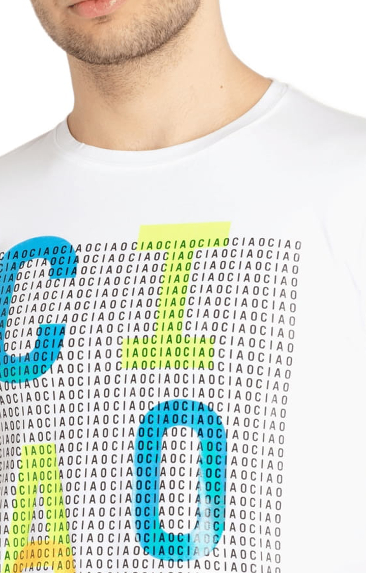 Men's White Cotton Typographic Printed Regular T-Shirt