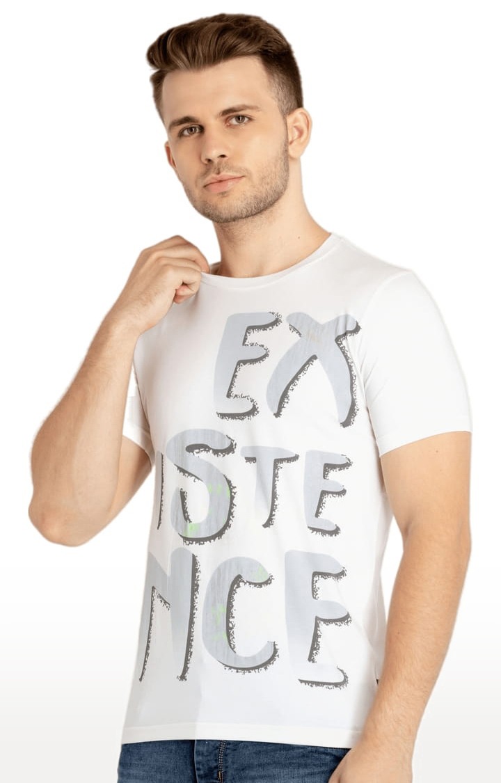 Men's White Cotton Typographic Printed Regular T-Shirt