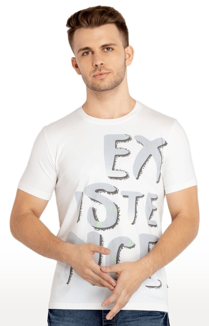 Men's White Cotton Typographic Printed Regular T-Shirt