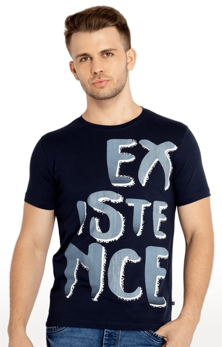 Status Quo | Men's Navy Blue Cotton Typographic Printed Regular T-Shirt 0