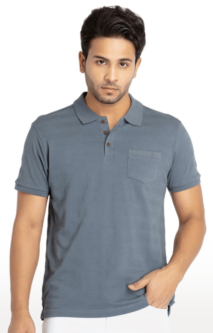Men's Grey Cotton Striped Polo T-Shirts