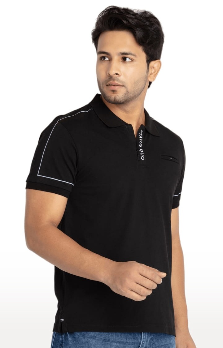 Men's Black Cotton Solid Polo T-Shirts