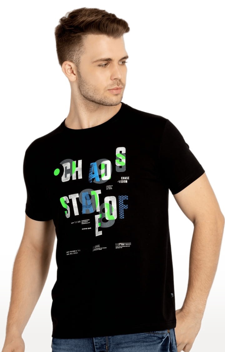 Men's Black Cotton Typographic Printed Regular T-Shirt