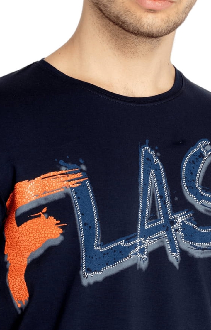 Status Quo | Men's Navy Blue Cotton Typographic Printed Regular T-Shirt 3