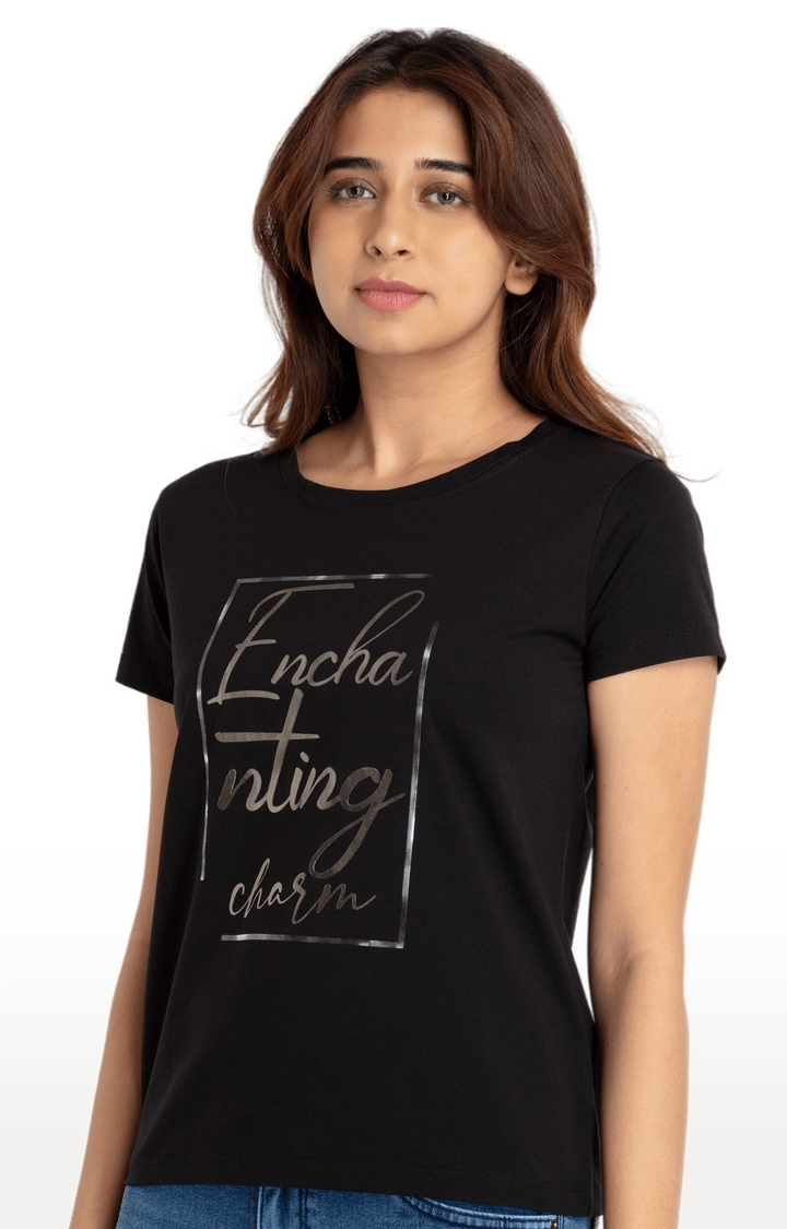 Status Quo | Women's Black Cotton Typographic Printed Regular T-Shirt 2