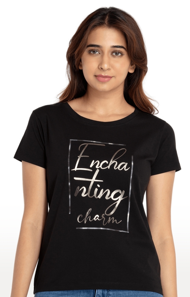 Status Quo | Women's Black Cotton Typographic Printed Regular T-Shirt 0
