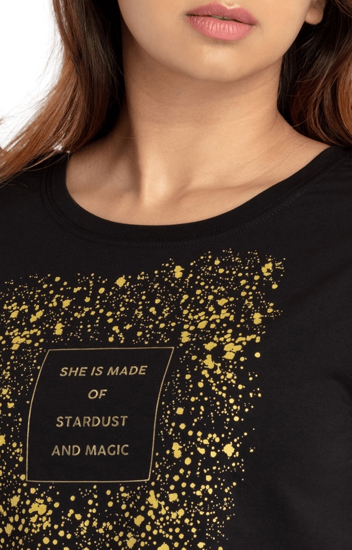 Status Quo | Women's Black Cotton Printeded Regular T-Shirt 4
