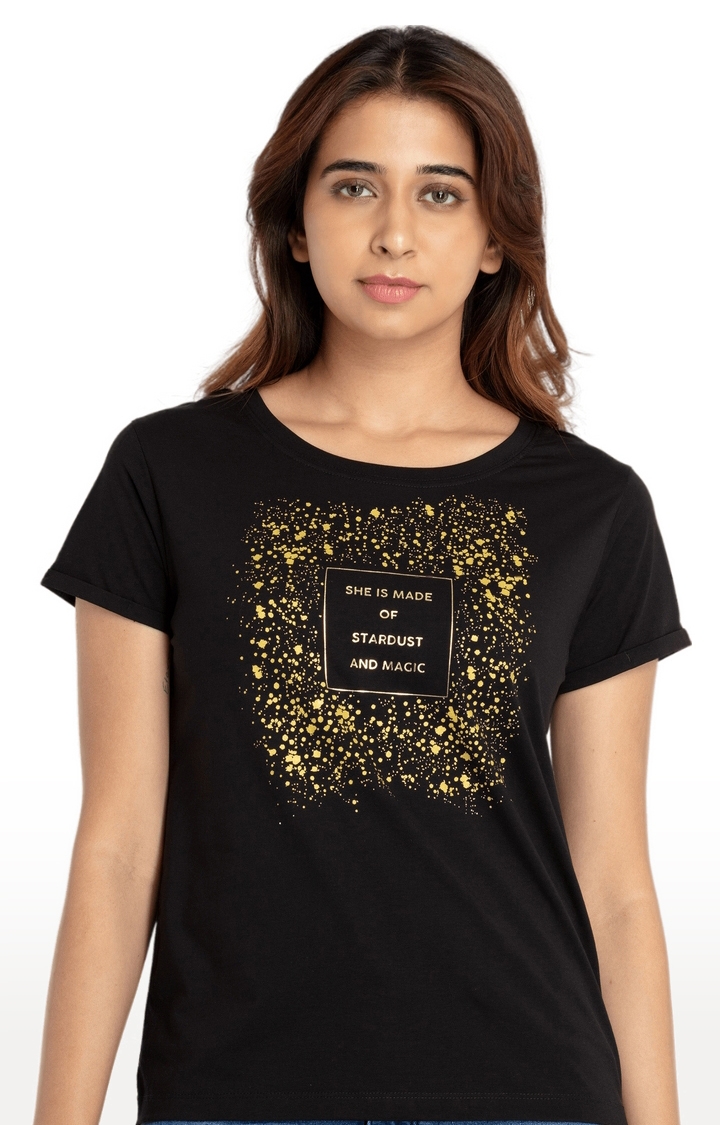 Status Quo | Women's Black Cotton Printeded Regular T-Shirt 0