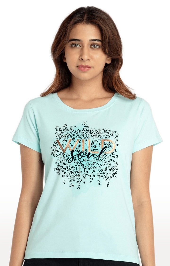 Women's Blue Cotton Typographic Printed Regular T-Shirt