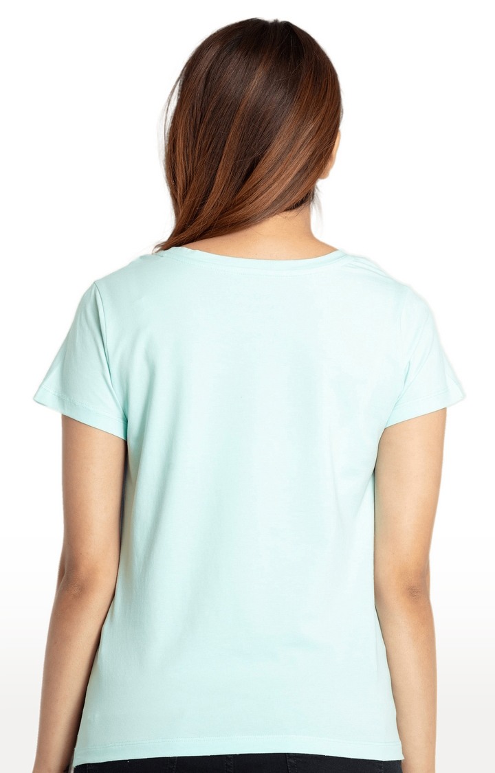 Women's Blue Cotton Typographic Printed Regular T-Shirt