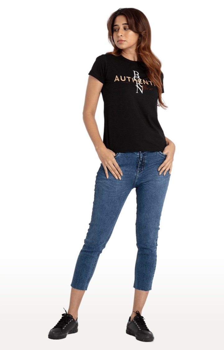 Women's Black Cotton Typographic Printed Regular T-Shirt