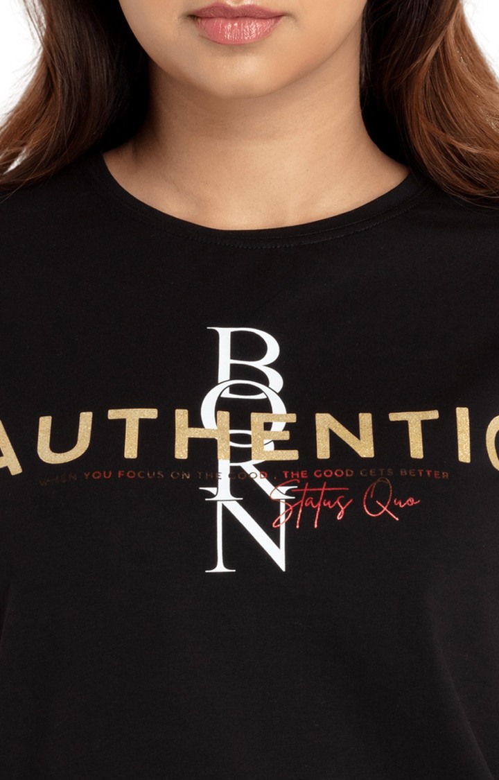 Women's Black Cotton Typographic Printed Regular T-Shirt