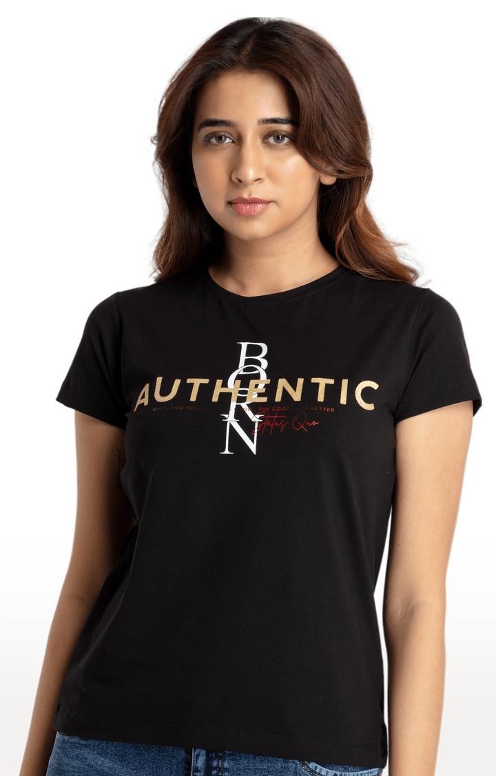 Women's Black Cotton Typographic Printed Regular T-Shirt
