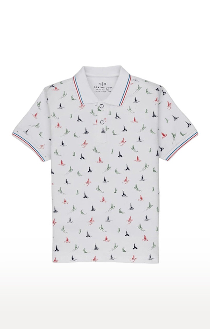 Boys White Cotton Printeded Polo T-Shirts