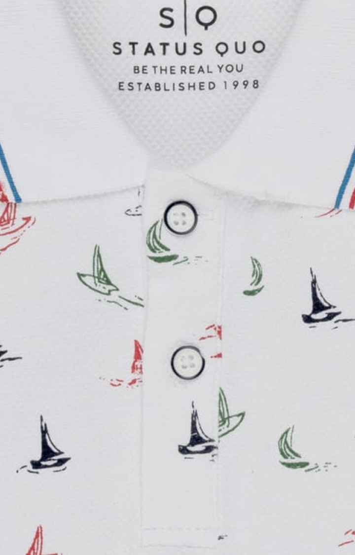 Boys White Cotton Printeded Polo T-Shirts