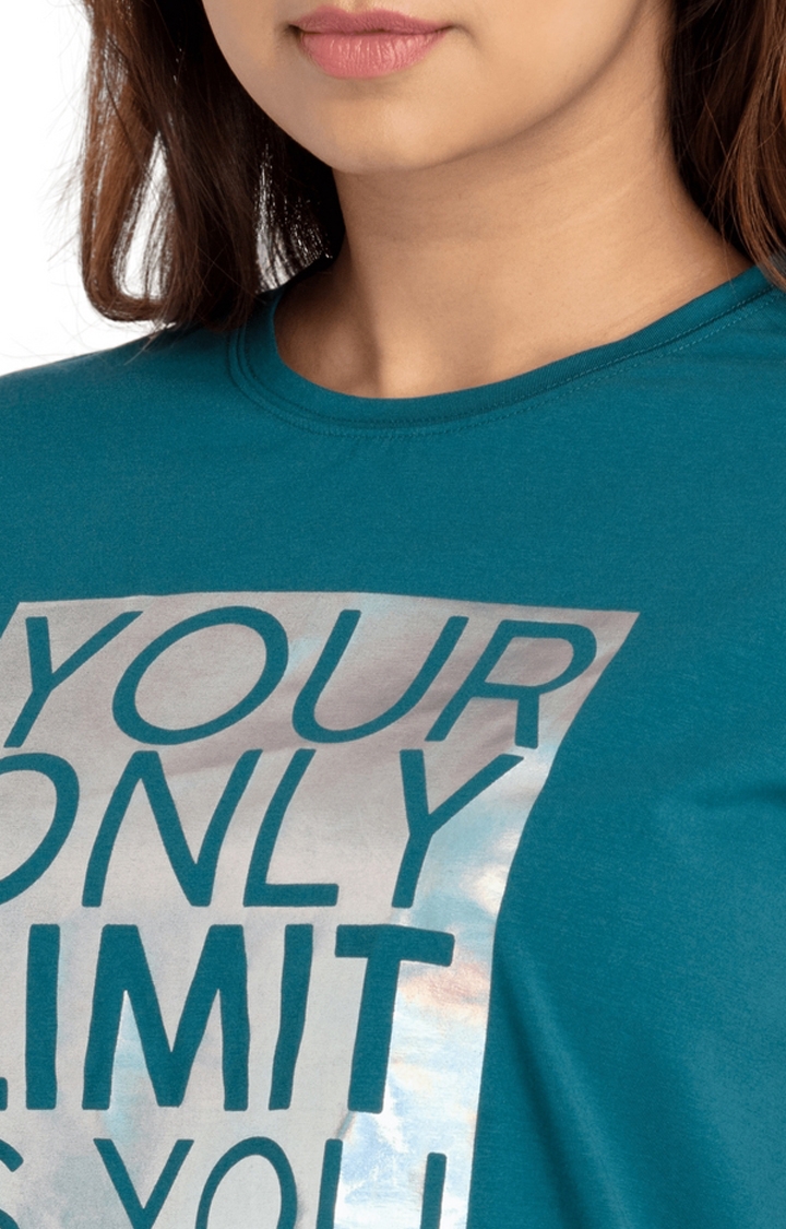 Status Quo | Women's Blue Cotton Typographic Printed Regular T-Shirt 4