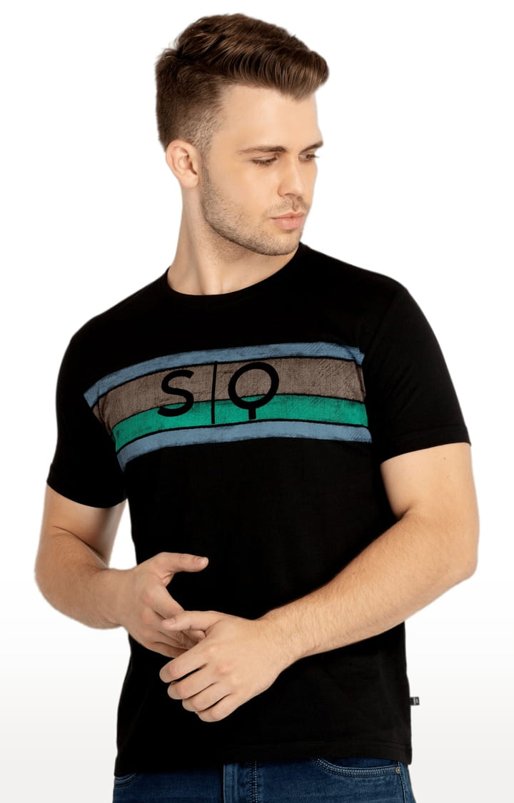 Men's Black Cotton Printeded Regular T-Shirt