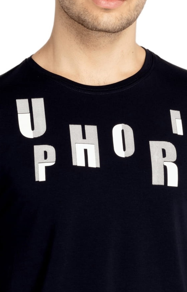 Men's Navy Blue Cotton Typographic Printed Regular T-Shirt