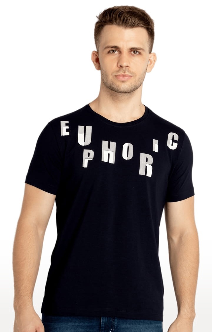 Men's Navy Blue Cotton Typographic Printed Regular T-Shirt