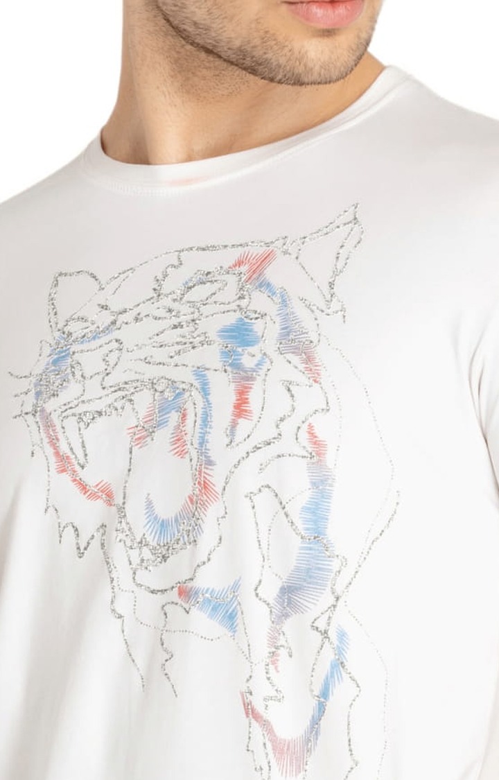 Men's White Cotton Printeded Regular T-Shirt