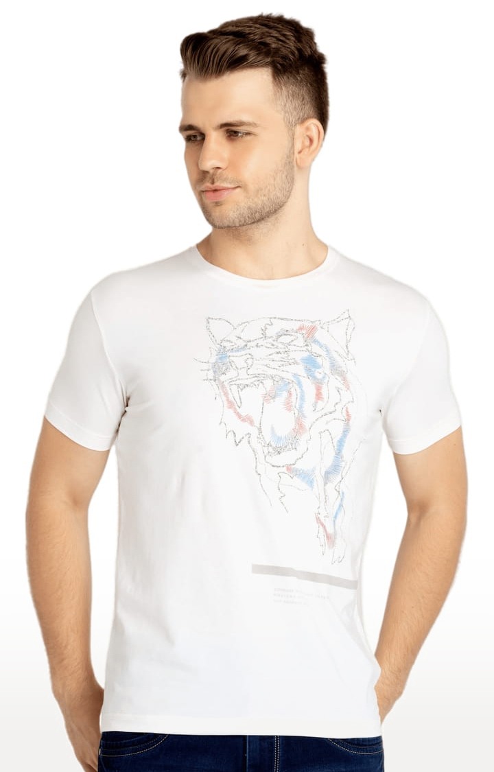 Men's White Cotton Printeded Regular T-Shirt