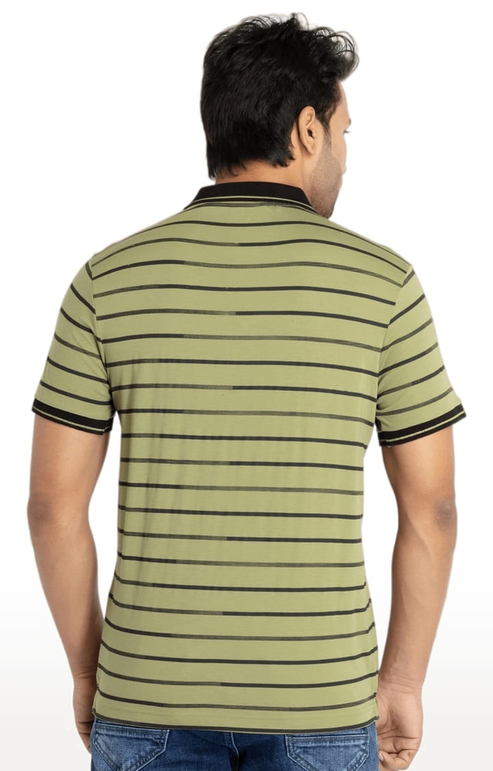 Status Quo | Men's Green Cotton Striped Polo T-Shirts 2