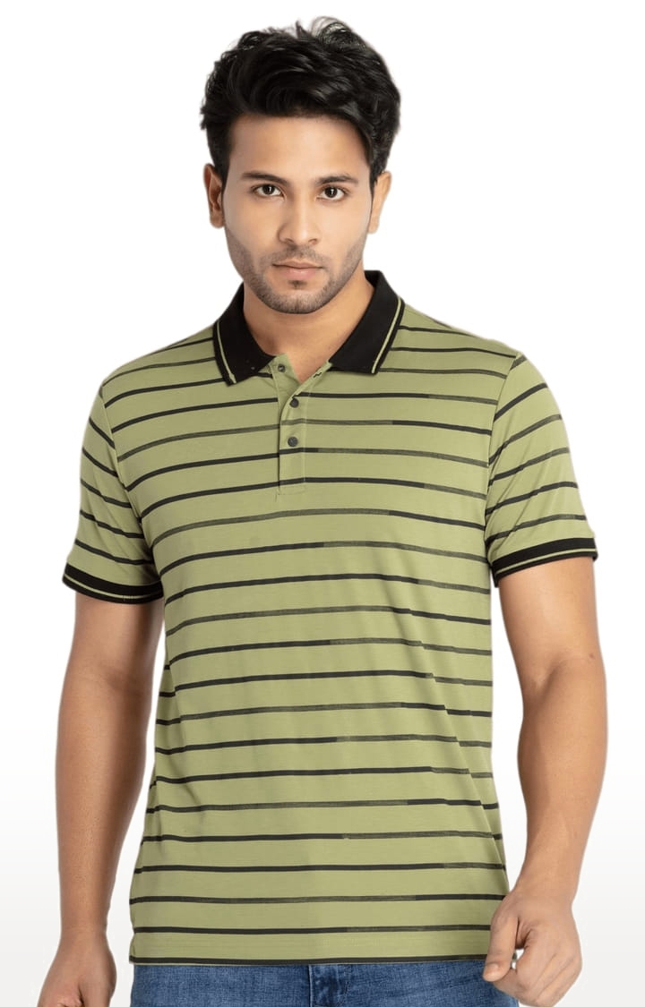 Status Quo | Men's Green Cotton Striped Polo T-Shirts 0