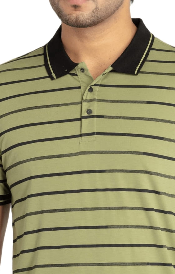 Status Quo | Men's Green Cotton Striped Polo T-Shirts 3