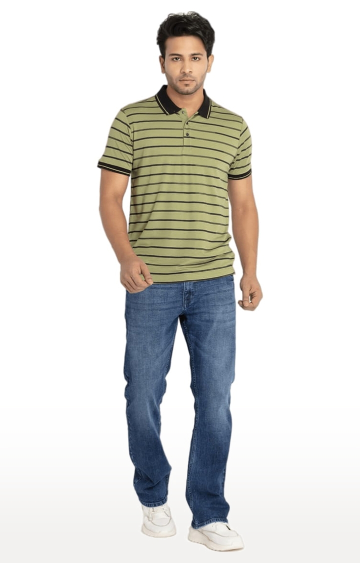 Status Quo | Men's Green Cotton Striped Polo T-Shirts 1
