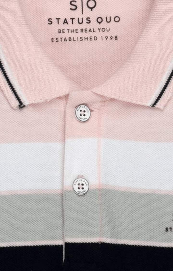 Boys Pink Polycotton Striped Polo T-Shirts