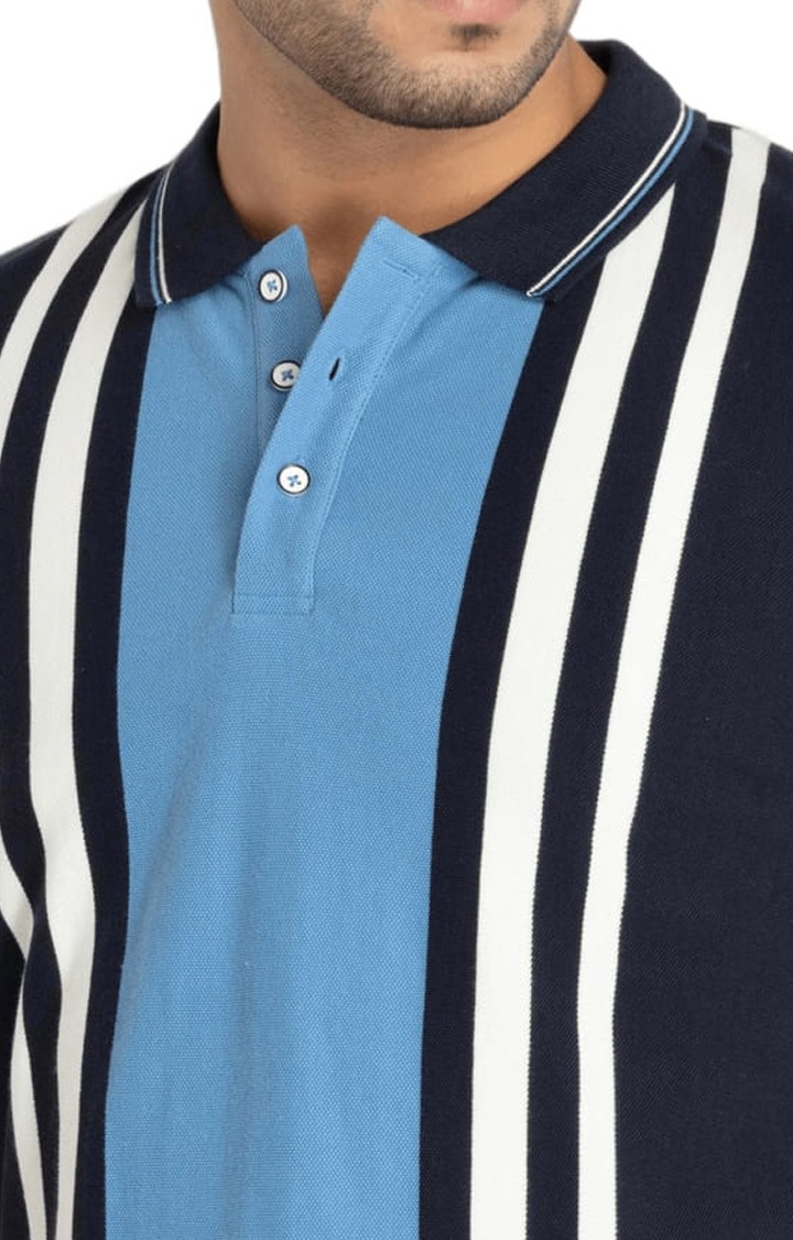 Men's Blue Cotton Striped Polo T-Shirts