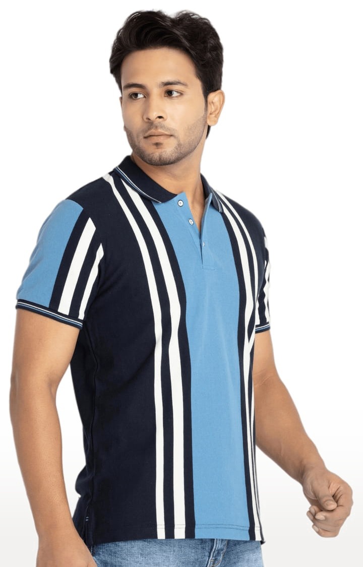 Men's Blue Cotton Striped Polo T-Shirts