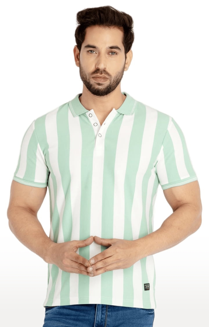 Status Quo | Men's Green and White Polycotton Striped Polo T-Shirts 0