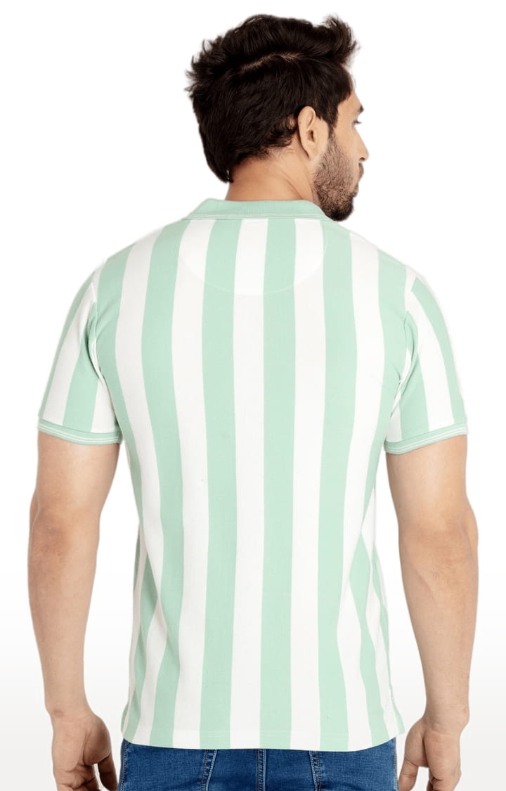 Status Quo | Men's Green and White Polycotton Striped Polo T-Shirts 2